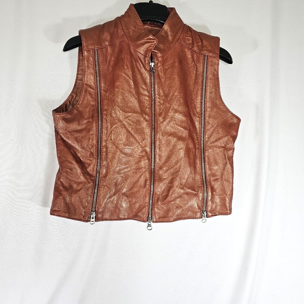 Saguaro Genuine Leather Vest Cognac Dark Tan Small Vintage Brown Zipper